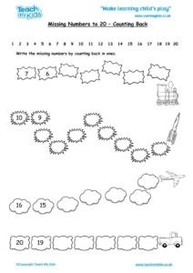 Worksheets for kids - missing numbers to 20 – counting back